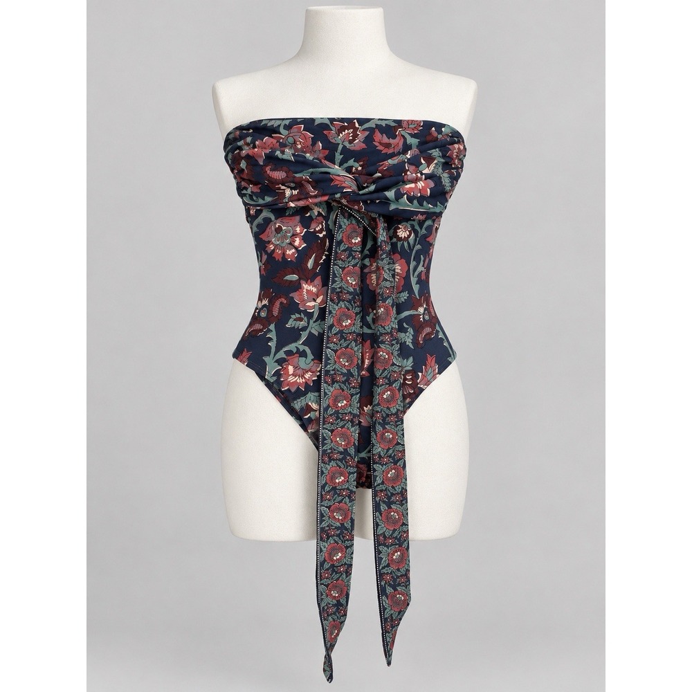 Sea New York One Piece Swimsuit Women M Navy Floral Strapless Bandeau Scarf Boho